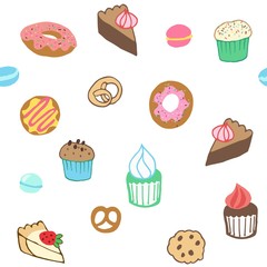 Sophisticated seamless repeat pattern with different hand drawn delicious tasty yummy sweet sugar treats, pastries, muffins, cupcakes, cake, donuts, doughnuts, macaroons, dessert, pretzels, cookies