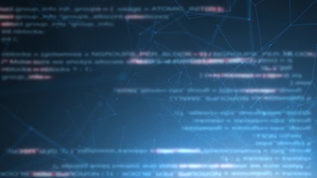 Blurry digital code typing animation on a blue business background.