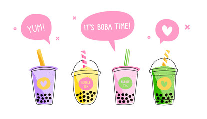 Set of four colorful bubble tea cups. Cute vector illustration of boba tea, sweet Asian drink, in cartoon style with speech bubble above. Flat design.