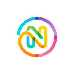 N letter logo in a rainbow gradient circle. Impossible one line style.