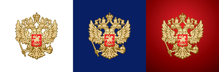 Russian Double-headed eagle, gold handcraft Russian Empire and Russian Federation coat of arms, heraldic symbol on a transparent, white, blue and red background vector illustration