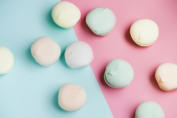 Obraz na płótnie Canvas Sweet dessert zephyr marshmallows close up. Big zephyr in pastel colors. Food photography.