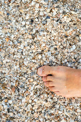 Female legs on the sea beach, footprints in the sand, vacation and travel concept.