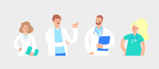 Set of various avatars male and female medicine workers. Group of hospital medical specialists standing together: doctor, surgeon, physician, paramedic, nurse, other staff. Cartoon vector characters 