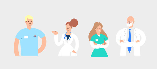 Set of various avatars male and female medicine workers. Group of hospital medical specialists standing together: doctor, surgeon, physician, paramedic, nurse, other staff. Cartoon vector characters 