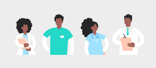 Set of various male and female African medicine workers. Group of hospital medical specialists standing together: doctor, surgeon, physician, paramedic, nurse, other staff. Cartoon vector character