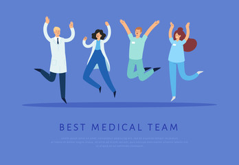 Set of happy male and female medicine workers jumping with raised hands in various poses. Joyful positive hospital medical specialists rejoicing together:  doctor, surgeon, physician, paramedic, nurse