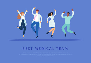 Set of happy male and female medicine workers jumping with raised hands in various poses. Joyful positive hospital medical specialists rejoicing together:  doctor, surgeon, physician, paramedic, nurse