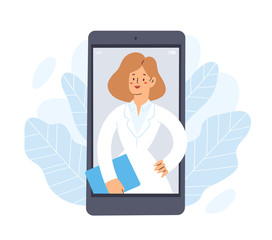Online doctor in phone - vector illustration concept, patient consultation via smartphone,  medical support application. Can use for landing page, template, ui, web, mobile app, poster, banner, flyer