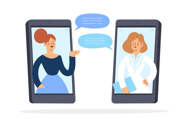 Online vector illustration concept, dialog with a doctor, patient consultation via smartphone, medical support application. Can use for landing page, template, ui, web, mobile app, poster, banner