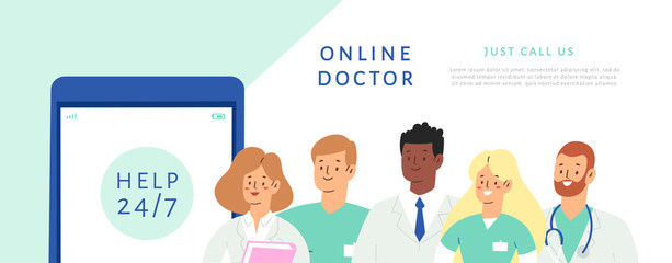 Set of various male and female medicine workers. Group of hospital medical specialists standing together: doctor, surgeon, physician, paramedic, nurse and other staff. Template, banner with text