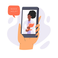 Online illustration concept - hand holding phone with doctor, patient consultation via smartphone, medical support application. Can use for landing page, template, ui, web, mobile app, poster, banner