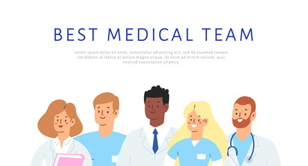 Set of various male and female medicine workers. Group of hospital medical specialists standing together: doctor, surgeon, physician, paramedic, nurse and other staff. Template, banner with text