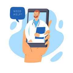 Fototapeta na wymiar Online illustration concept - hand holding phone with doctor, patient consultation via smartphone, medical support application. Can use for landing page, template, ui, web, mobile app, poster, banner