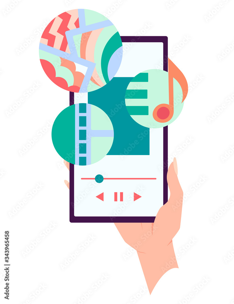 Poster hand holding smartphone with playing music on screen. social network and mobile device. graphics for