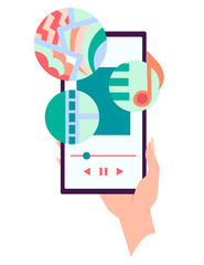 Hand holding smartphone with playing music on screen. Social network and mobile device. Graphics for websites, web banners. Flat design vector illustration