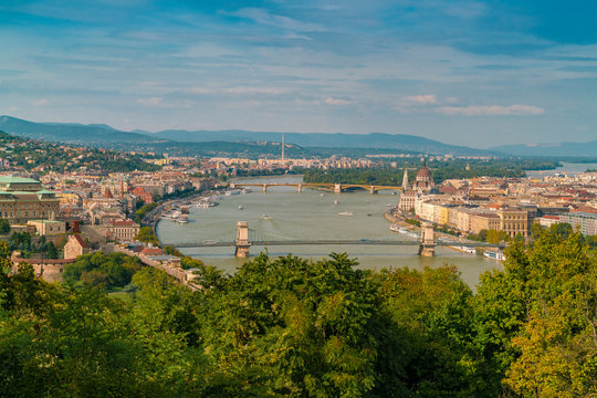 View of Chain Bridge, castle, Parliament palace and Margaret bridge