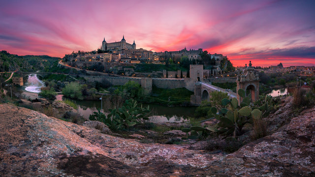 Beautiful panoramic view of Toledo at sunset. Travel Concept.