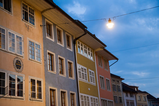 Historic buildings at night in Winterthur, Switzerland
