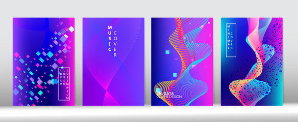 Big Data Neon Tech Wallpaper. Trendy Covers Set. Purple Blue Pink Cyber Vector Cover 
