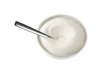 Ceramic bowl with sugar and teaspoon isolated on white background