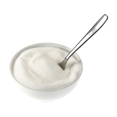Ceramic bowl with sugar and teaspoon isolated on white background
