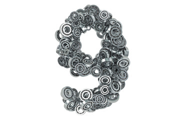 Number 9 from steel bearings, 3D rendering