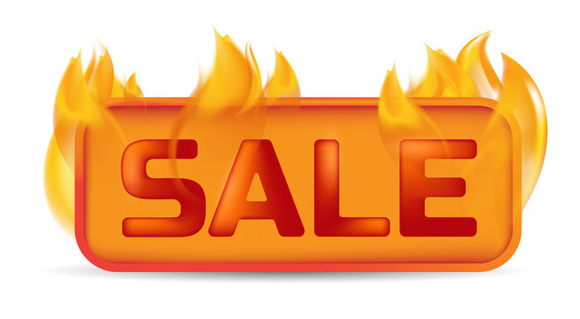 Hot sale banner or website button on fire. Vector illustration of burning price badge, promotion offer, retail special deal or flaming label frame isolated on white background