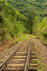 Railway crossing forest near the entrance to the powerhouse tunnel in Bento Gonçalves, Rio Grande do Sul, Brazil on November 19, 2017.