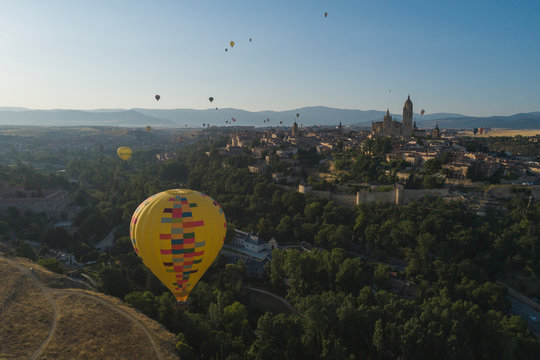 Segovia in balloon festival from aerial view