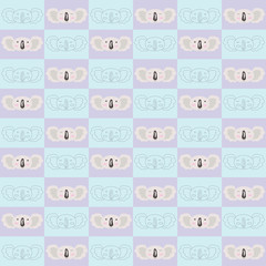 Seamless pattern of cute animal faces - koalas cartoon heads and leaves branches in doodle style -isolated on light blue and white colour.Poster,print template,wrapping paper,printed materials,textile