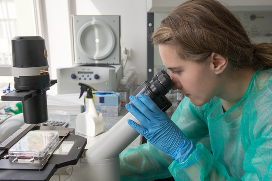 Young female researcher studies under the microscope human cells