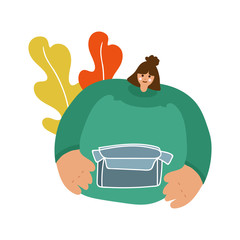 Food delivery vector illustration. The girl holds a box in her hands. Great for web and advertising
