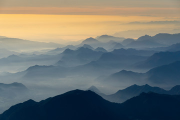Scenic view of mountains during sunrise