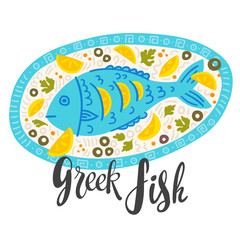 Greek fish cartoon banner vector template. Food