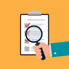 hand holding magnifying glass. and checklist clipboard. Flat design vector illustration icon .