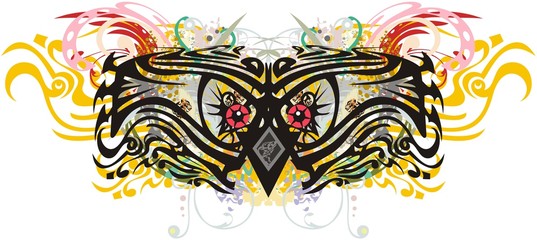 Scary floral owl eyes splashes. Grunge abstract colored owl head on a white background for holidays, tattoo, prints on t-shirts, textile, posters, decorative compositions, etc.