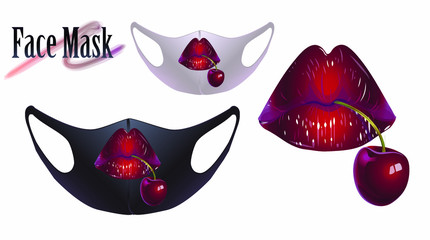 Vector illustration of red female lips with cherries on a facial mask.