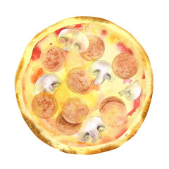 Watercolor homemade pepperoni pizza with mushrooms. Hand drawn illustration of italian dish with cheese isolated on white. Top view. Take out pizza for fast food menu, restaurant, delivery.