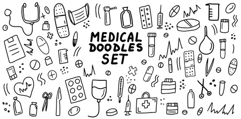 Medical doodles icon set. Hand drawn lines health care concepts, pharmacy, medicine cartoon icons collection. Vector illustration.