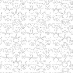 Seamless pattern outline illustration of animals head - rabbit, bear, giraffe, owl, unicorn, sheep and koala isolated on white background. Design for gifts, wrapping paper, printed materials, textile.