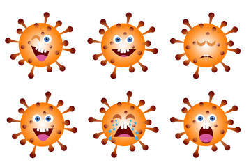 Covid Monsters. Set of funny cartoon images of a coronavirus molecule
