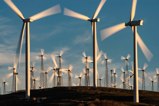 Windmills Dot the California Mountainside near Mojave Desert