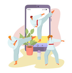 Online sport tutorial vector illustrations. Cartoon woman man characters in healthy sport activity using video lessons app on smartphone or computer, active people sporting set icons isolated on white