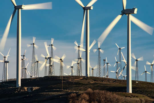 Windmills Dot the California Mountainside near Mojave Desert