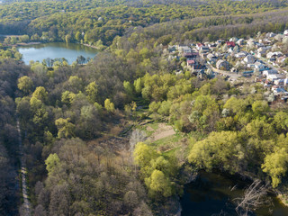 Settlement on the outskirts of the forest in Kiev. Aeiral view.