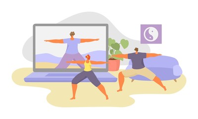 Online sport tutorial vector illustrations. Cartoon woman man characters in healthy sport activity using video lessons app on smartphone or computer, active people sporting set icons isolated on white