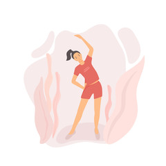 A beautiful girl goes in for sports, makes turns. Concept with a young woman and abstract background. Active lifestyle, energetic life. Vector illustration with red flowers.