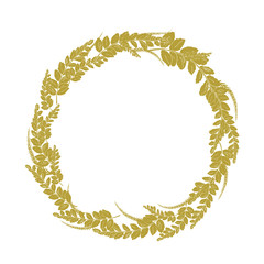 Fern leaves, tropical palm leaves round frame,border with place for text. Golden leaves hand drawing outline.
