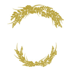 Fern leaves, tropical palm leaves round frame,border with place for text. Golden leaves hand drawing outline.